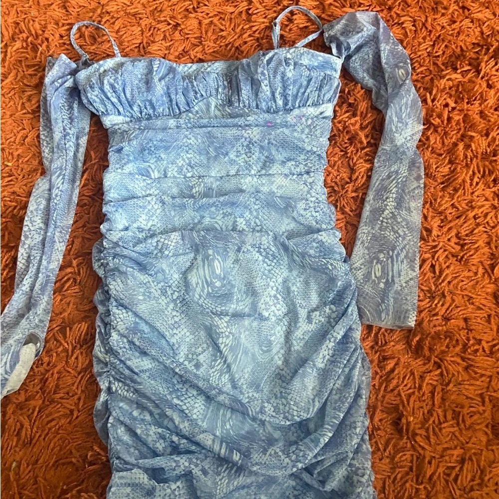 Blue Ruched Ruffled Long Sleeve Bodycon Dress